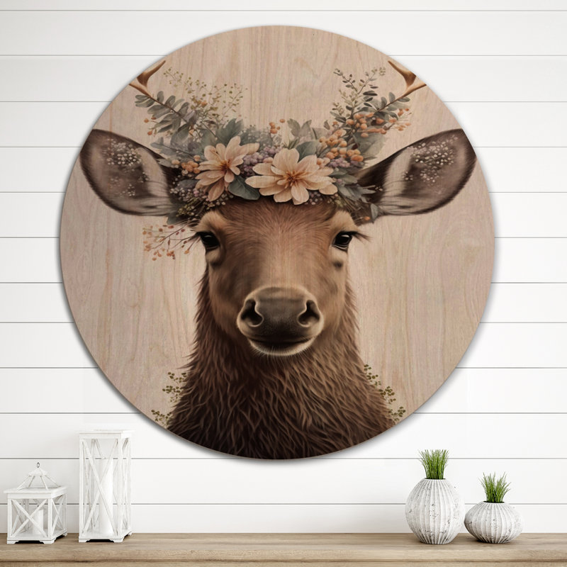 Mignon bébé orignal avec couronne florale - animaux, art mural en bois - bois de pin naturel, H 16 po x l 16 po x P 1 po