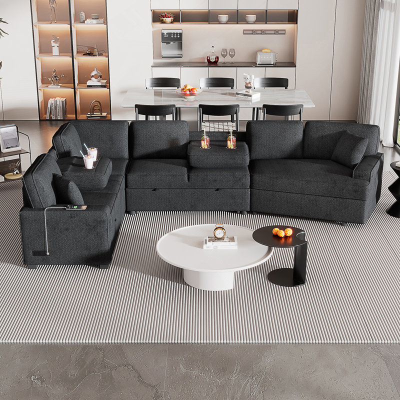 126" L-Shaped Sofa Sectional Sofa Couch Pull-Out Sofa Bed With Charging Devices And Cup Holders For Living Room