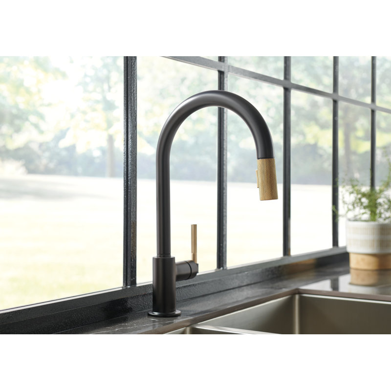 Litze® Pull-Down Faucet with Arc Spout and Knurled Handle, Matte Black/Luxe Gold