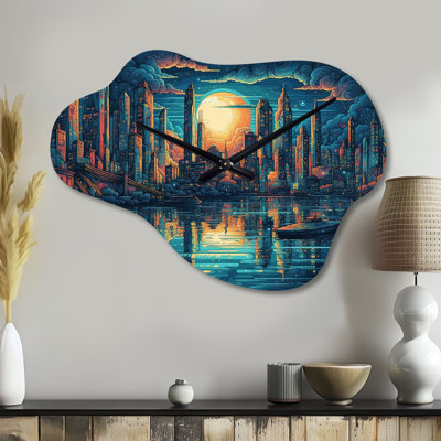Blue And Orange Artistic Tributes To The Art Deco Era - City Art Deco Cloud Metal Wall Clock, Modern Asymmetrical Wall Clock Print
