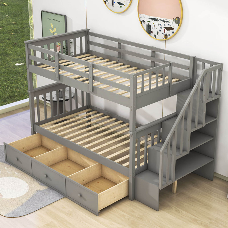 Dkwon Kids Twin Over Twin Bunk Bed with Drawers, Gray