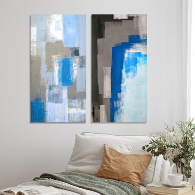 «Blue Meets Gray Abstract Art IV», ensemble de 2 peintures sur toiles