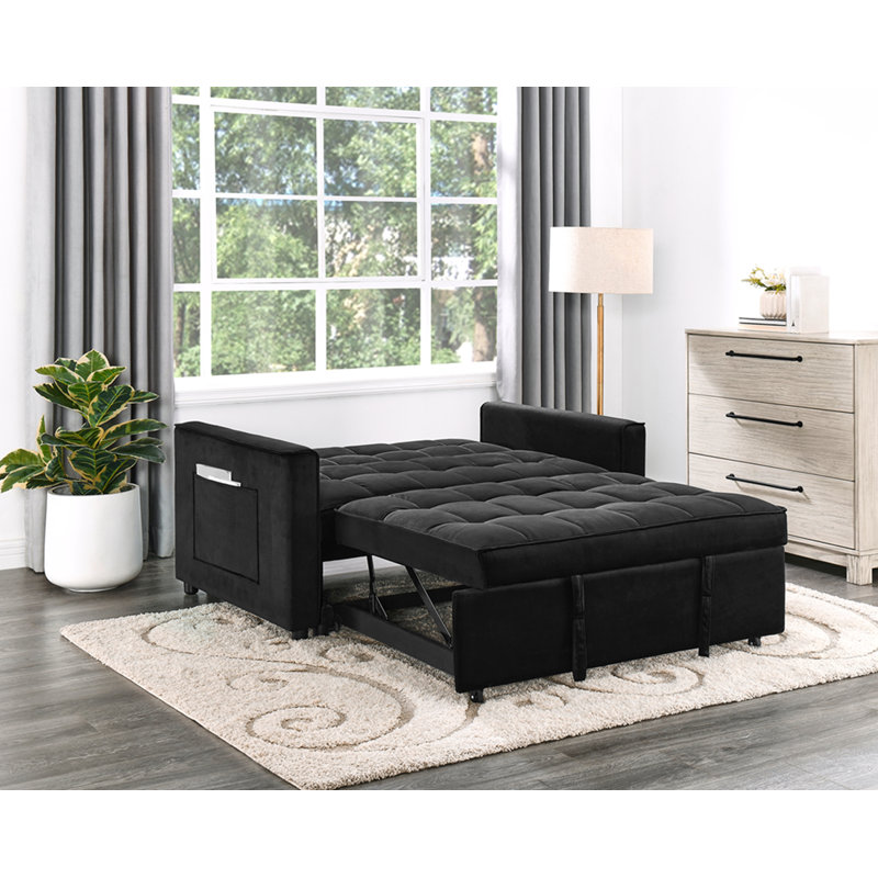 Causeuse convertible en velours noir l 53,5 po Maeve avec capitonnage et poche latérale