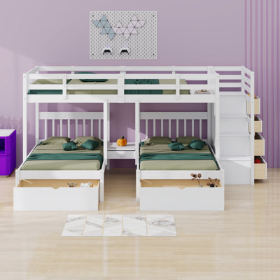 Wood Triple Bunk Bed With Drawers And Guardrails