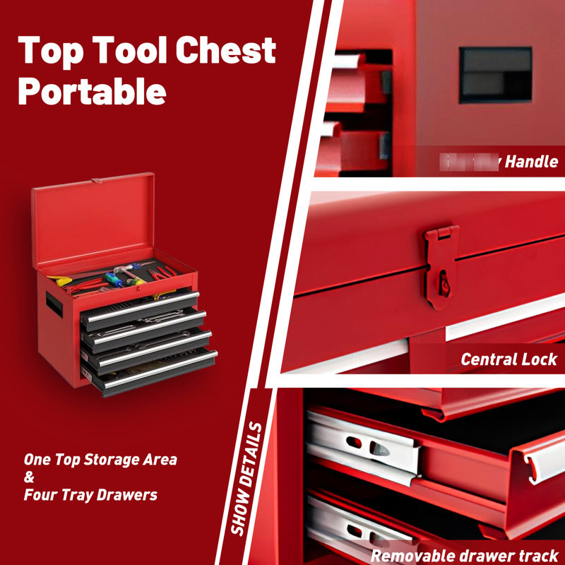 Steel 5 Tool Chest With Wheels - Heat Insulation & Safe For Garage Rolling Detachable Box Scratch- Coating Workshop, Red