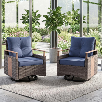Melvarn Outdoor Patio Wicker Swivel Chair Set Of 2 With Cushions And Wood-look Finish