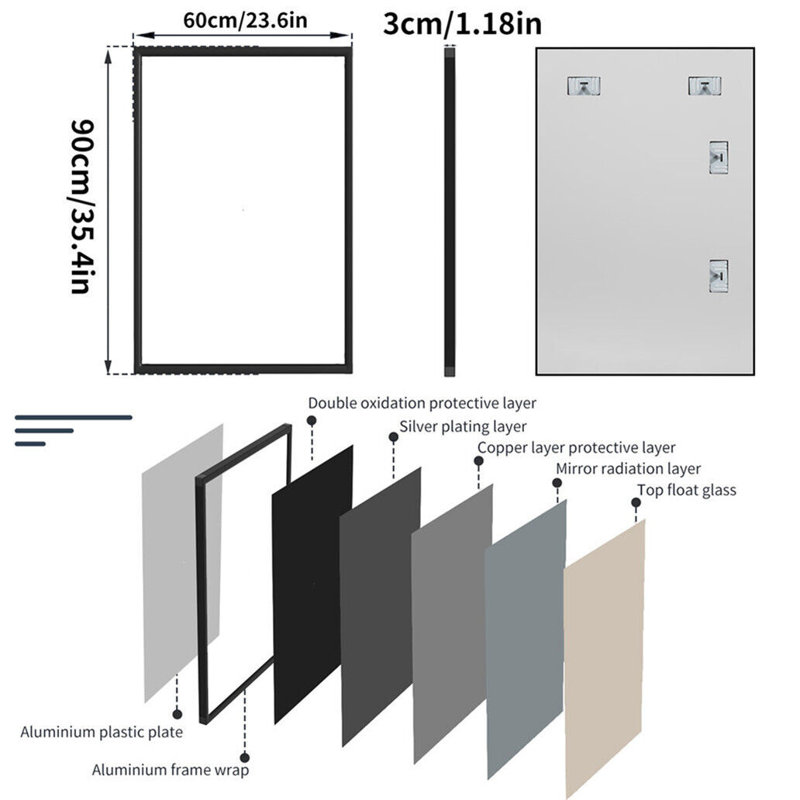 Liedson Metal Flat Wall Mirror, 90cm x 60cm