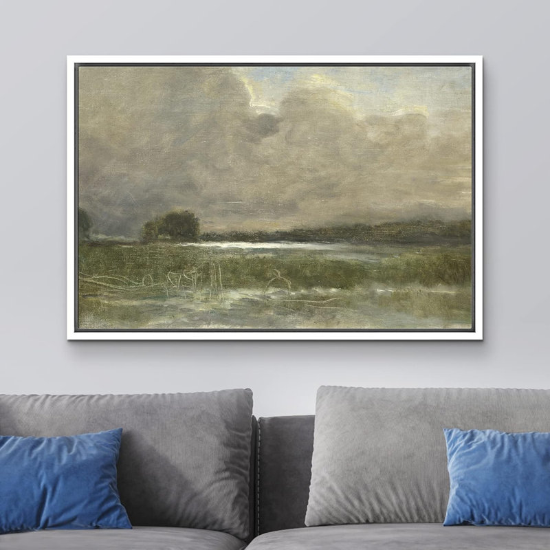 "Tempête, nuage, champ vert, paysage, nature, désert, beaux-arts, décoration rustique" sur, Cadre blanc, H 24 po x l 36 po