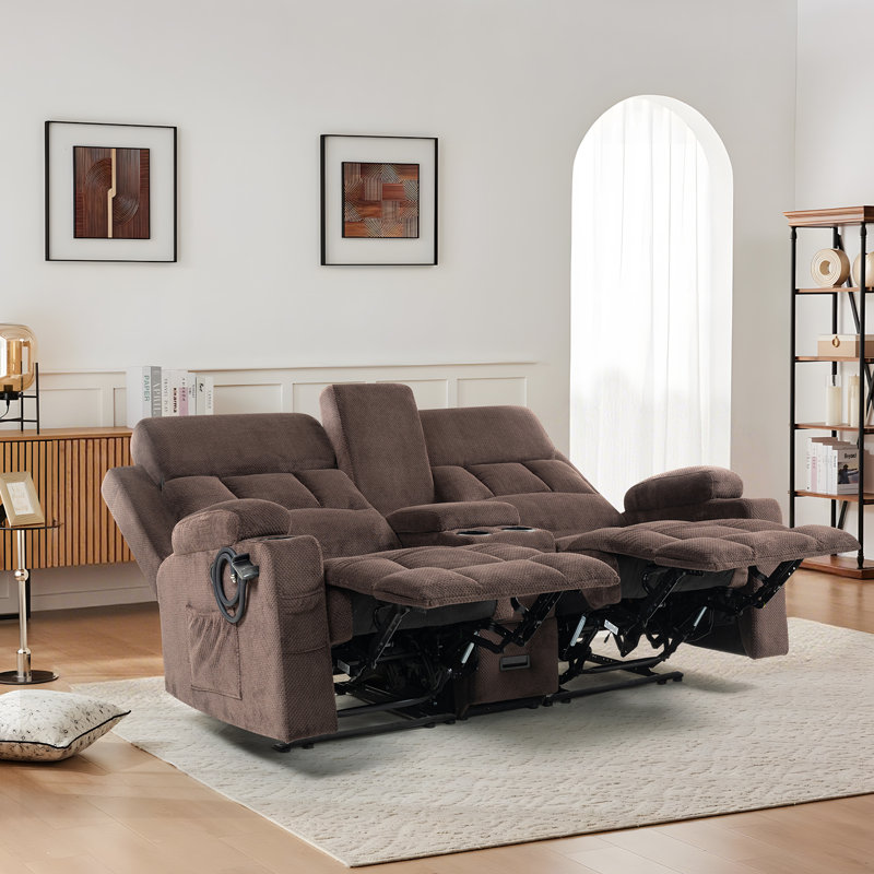 Causeuse inclinable manuelle avec console de rangement et chargement USB, canapé rembourré en tissu brun pour le salon, Brun