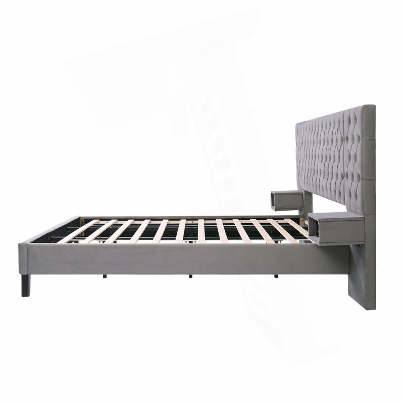 Lit plateforme avec tête de lit, lit plateforme tapissier moderne en velours avec 2 tables de chevet, Gris, Très grand lit