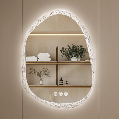 Stylish Stone Border Irregular Led Wall Mirror Bathroom Vanity Mirror With Blaklit 3 Color Temperature Lights Anit-fog Dimmable, 3 Touch Sensor Switch Plug In