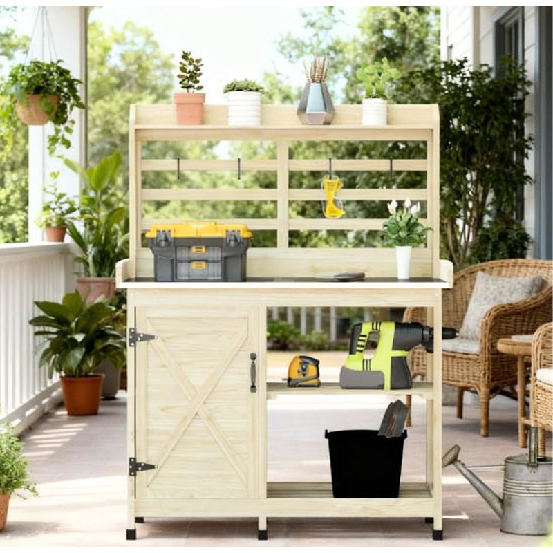 Table de rempotage d'extérieur avec étagères de rangement, forme classique en « X », pieds en caoutchouc stables, bois naturel, 112 cm L x 47 cm l x 146 cm H, charge maximale 75 kg, table de jardinage de table, grande surface plane.