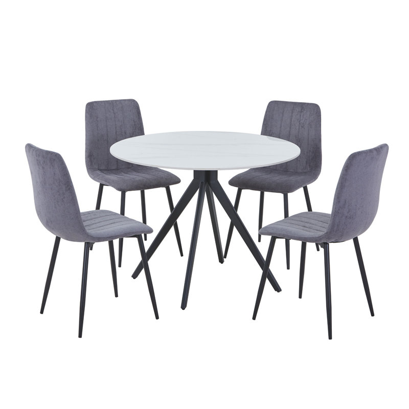 Aspen Sintered Stone Round Table with 4 Straight Stitch Upholstered Fabric Chairs - Modern Dining Set, Grey