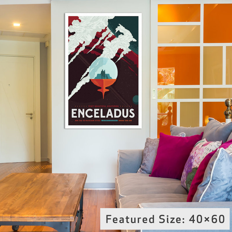 Encelade par la NASA - Estampe numérique sur toile tendue avec châssis, H 60 po x l 40po x P 1,5 po, Toile avec cadre noir