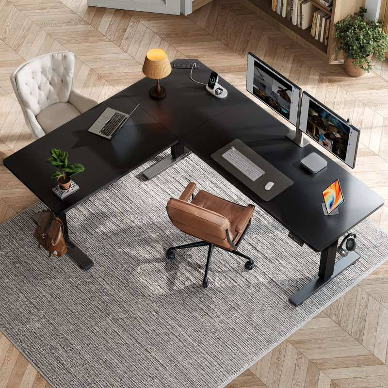 Bureau debout en L - Bureau électrique à hauteur réglable avec contrôleur de mémoire, H 45,7 po x l 63 po x P 55 po, Noir