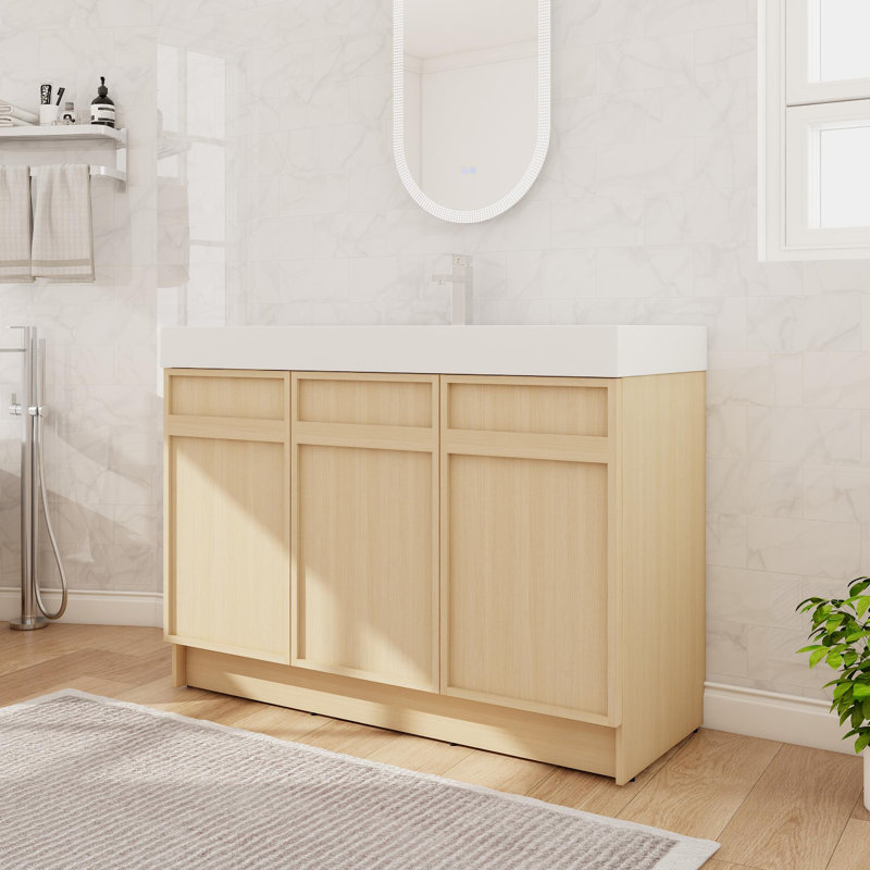 Ensemble de meuble-lavabo sur pied simple 48 po, meuble-lavabo sur pied avec lavabo en résine, 3 portes et 2 tablettes