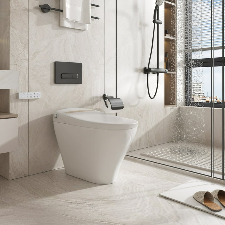 Mjkone Small Smart Toilet Bowl, Foot Sensing Flush Bidet Toilet, Tushy