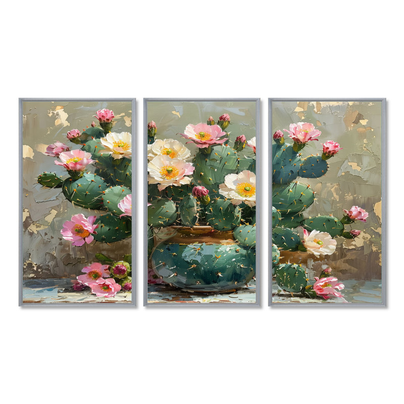 Cactus à fleurs vertes et roses III - Cactus à fleurs vertes et roses III - 3 pièces, H 28 po x l 36 po, Encadrement argenté
