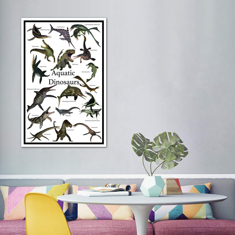 «Aquatic Dinosaurs» par Corey Ford - impression d'art graphique, H 60 po x l 40po x P 1,5 po, Toile blanche encadrée