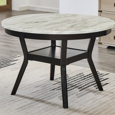 Dining Table With Shelf, 48" Faux Marble Top, Dark , Round, Seats 4, Contemporary Modern Design Round Wood Table, Finish Top Look