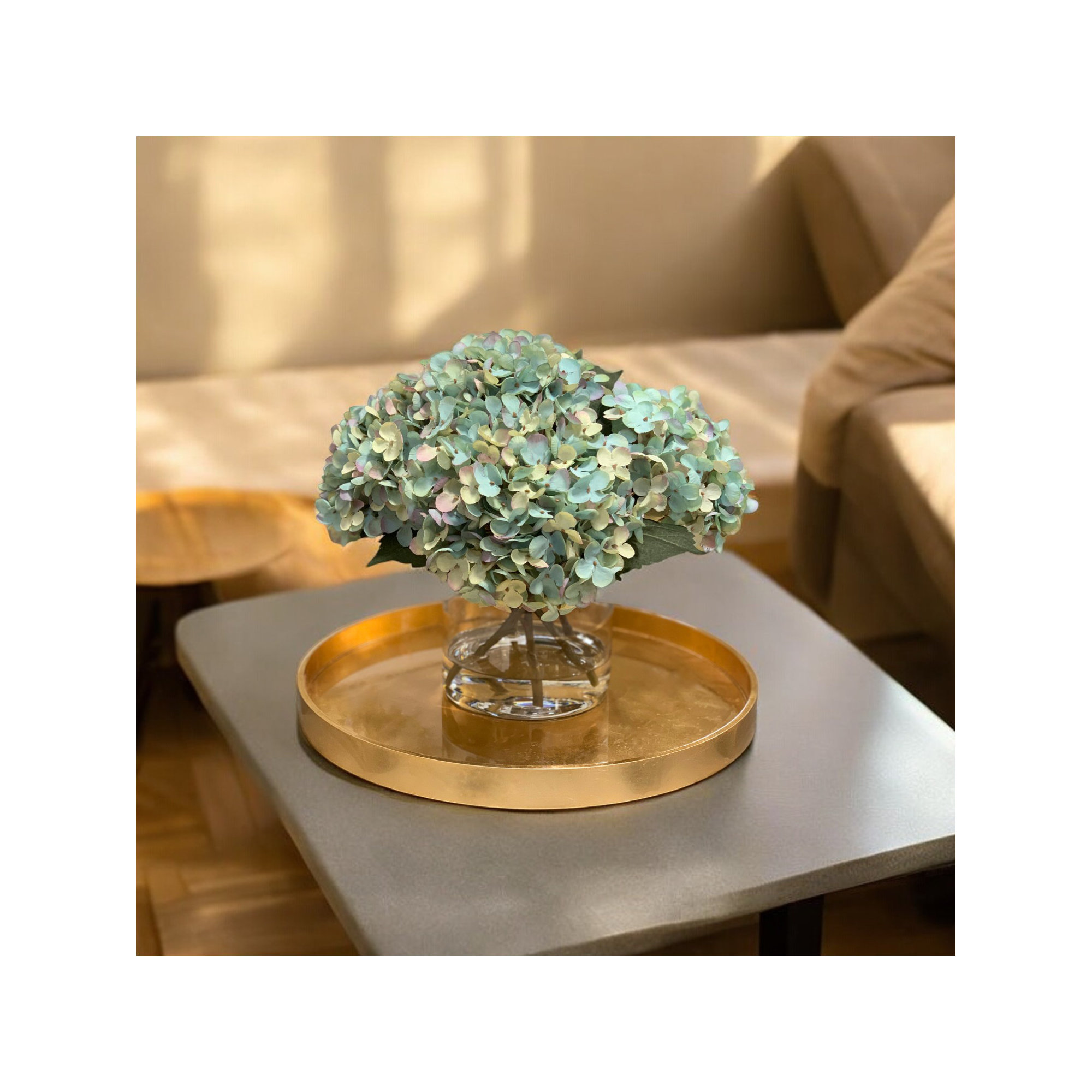 Faux Hydrangea Arrangement in Vase, Teal
