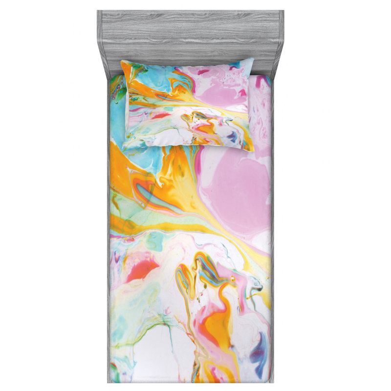 Microfiber Abstract Sheet Set, Twin Sheet Set with Fitted Sheet, Pink/Yellow/Light Blue, Abstract