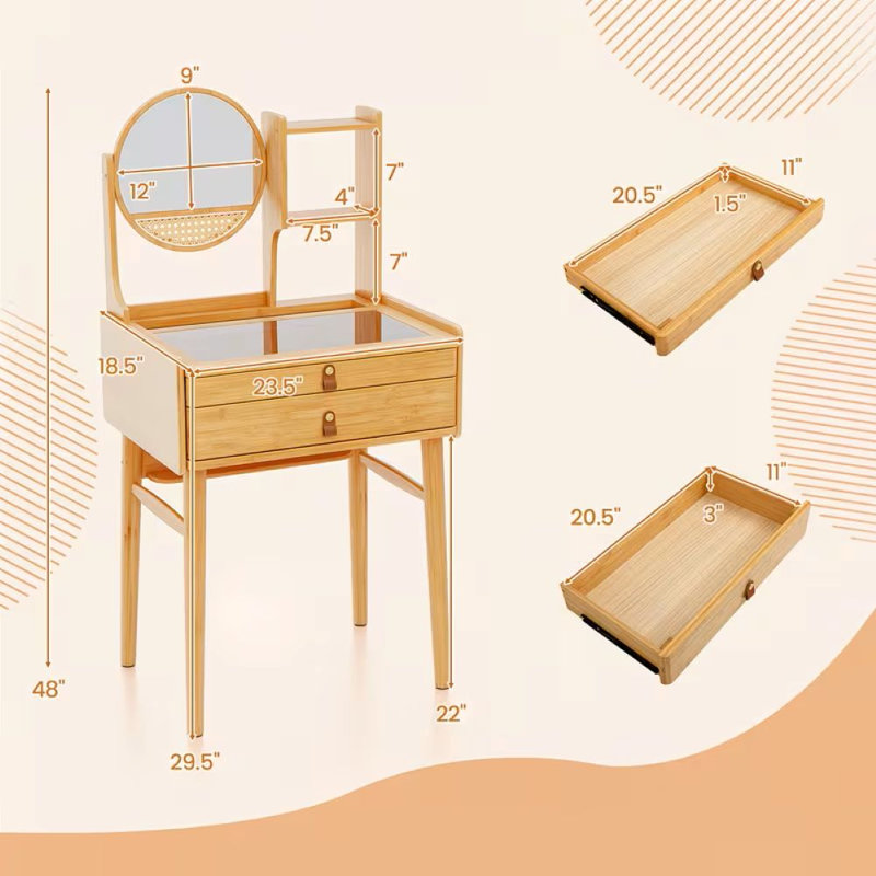 Coiffeuse en bambou naturel avec miroir - table de maquillage compacte 23,5 po, 2 tiroirs et tablettes ouvertes, plateau en verre et miroir rotatif, coiffeuse peu encombrante pour les petites chambres, les dortoirs et les pièces