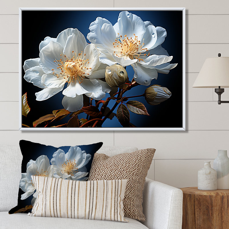 Fleurs transparentes blanches et bleues - impressions murales fleurs, H 16 po x l 32 po x P 1 po, Cadre flottant naturel