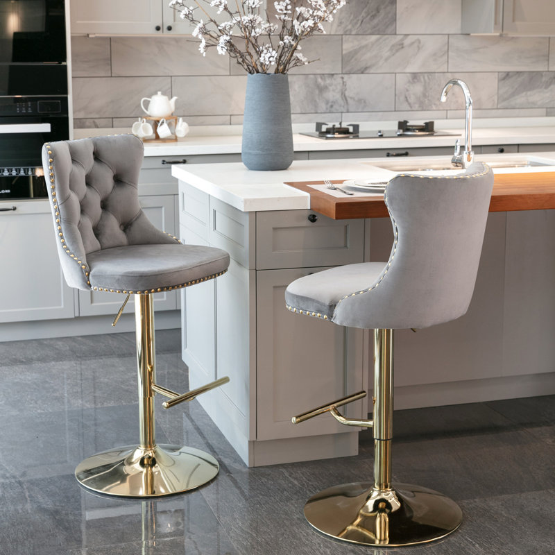 2 pièces en velours gris moderne, hauteur de siège réglable de 25 à 33 pouces, rembourré avec dossier pour pub et îlot de cuisine classique (2 pièces), bon