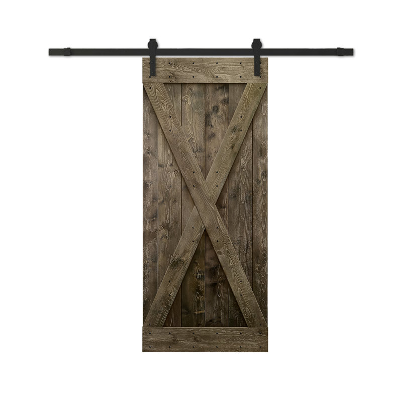 Porte de grange à panneaux et en bois avec quincaillerie d'installation, 28 po x 84 po, Espresso, Noir mat