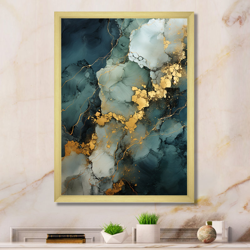 Or et vert motif de marbre abstrait I - décoration murale en marbre, H 32 po x l 16 po x P 1 po, Cadre flottant doré