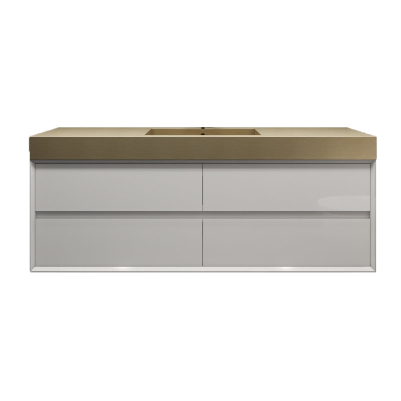 Meuble-lavabo mural blanc brillant de 60 po avec lavabo simple en acier doré Lux