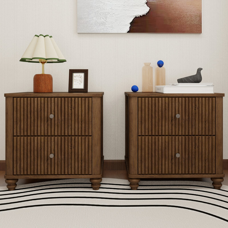 Walnut Fluted Nightstand Set Of 2,Wooden Nightstand With 3 Drawers,Modern Bedside Table End Table,Bedroom Night Stand With Metal Handle,For Bedroom Living Room