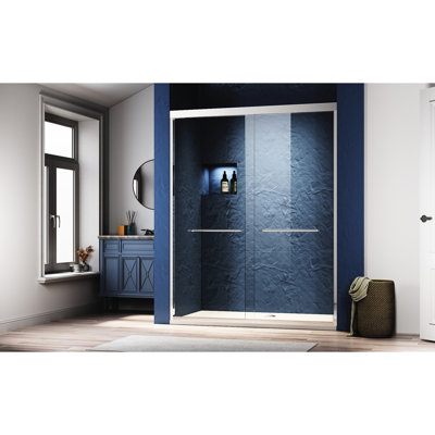 56 à 60 po L x 72 po Porte de douche coulissante en verre réglable semi-épaisse en acier inoxydable trempé 304 Poignées chanfreinées à la main Blessure à suspendre en aluminium