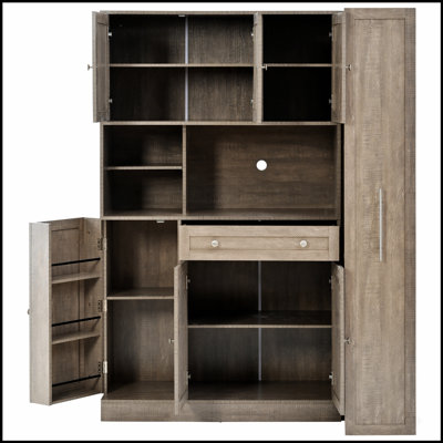 Buffet traditionnel autoportant avec huche, grande armoire de rangement pour garde-manger avec armoire latérale coulissante et tablettes de porte