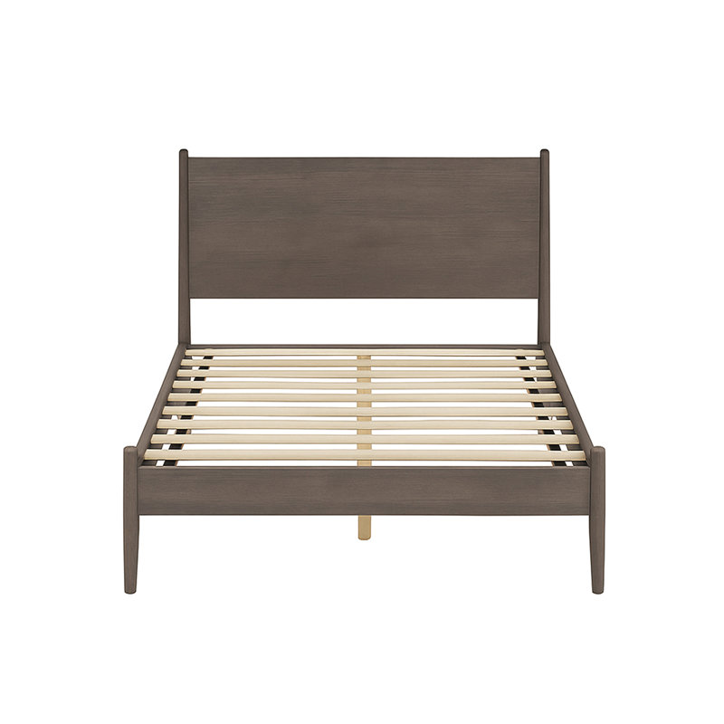 Lit plateforme gris Mid-Century moderne en bois massif, pieds fuselés ronds, ensemble de lattes, sans sommier pour lit de chambre en gris