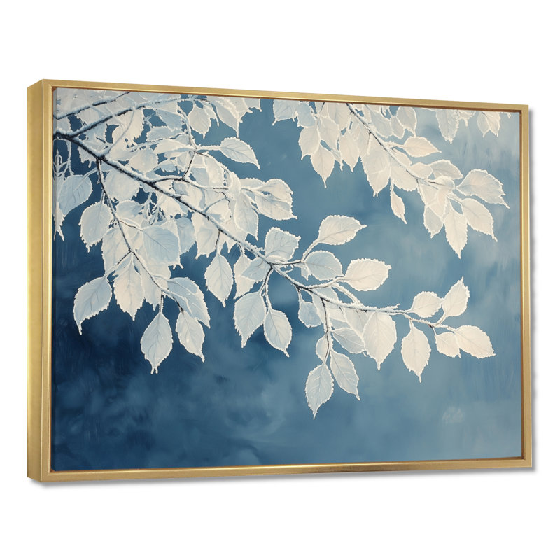 «White Frosted Leaves Branches III», art mural sur toile, H 30 po x l 40 po, Impression encadrée flottante, Doré