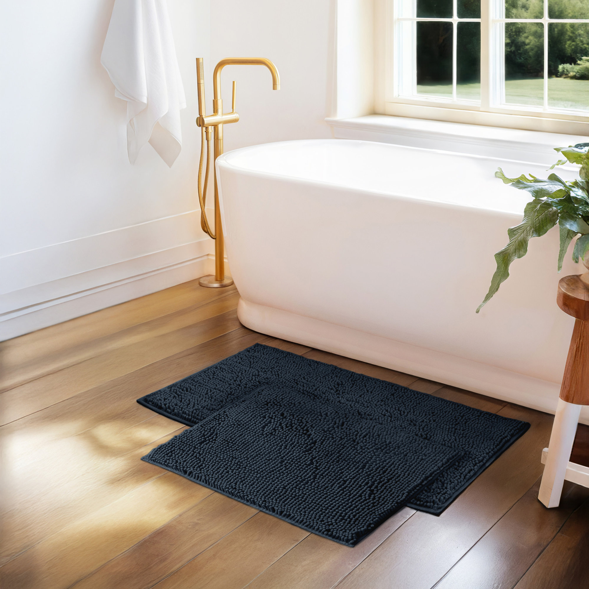 Soft Absorbent Chenille Bath Mat Rug with Anti-Skid Rubber Backing, Navy, 24" L x 17" W