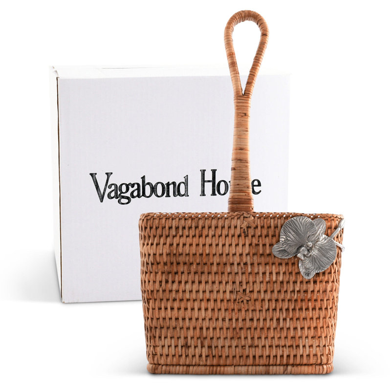 Natural Rattan Square Flatware Caddy with Pewter Orchid