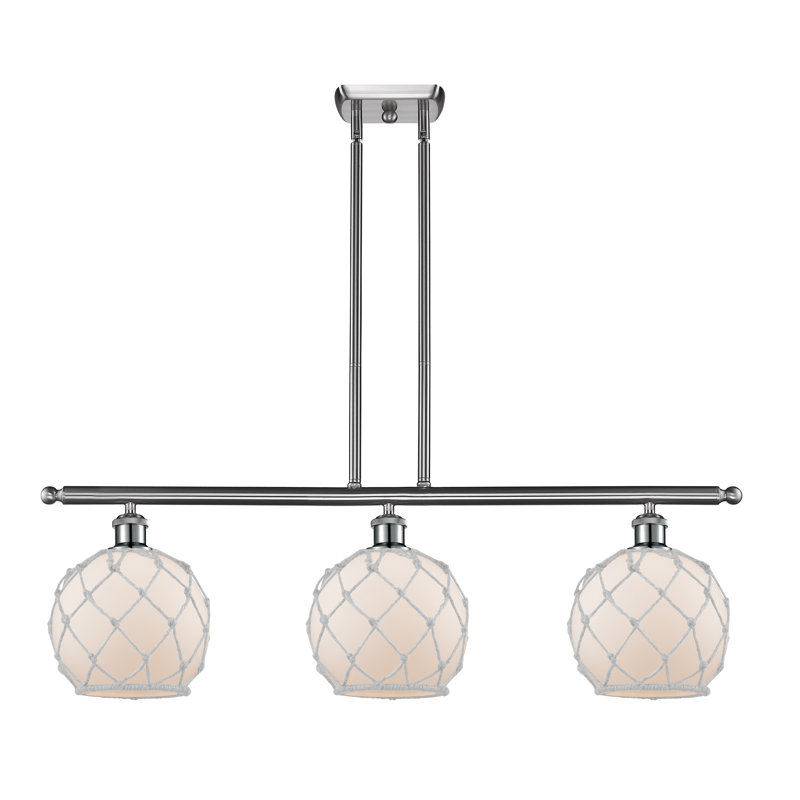 Luminaire suspendu linéaire à 3 lumières pour îlot de cuisine Hildebrandt Farmhouse, Blanc avec corde blanche