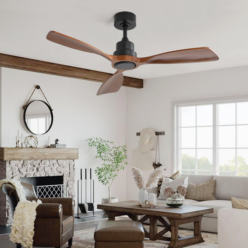 Ventilateur de plafond de 48 pouces sans lumière, 3 pales en bois massif, ventilateur de plafond intérieur et extérieur, moteur à courant continu réversible à 6 vitesses pour le salon