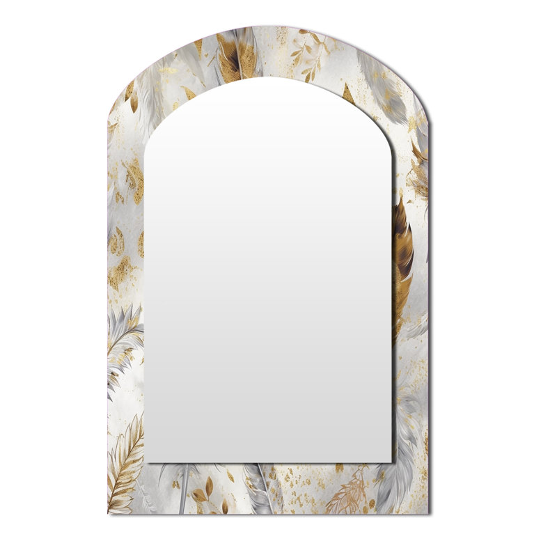 Gold And Silver Impressions Of Bohemian Energy - Boho Feather Arch Mirror, Gold Asymmetrical Decorative Wall Mirror, Printed Metal Art