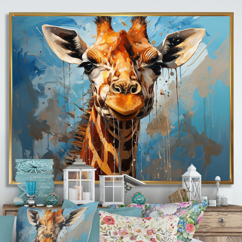 Collage animal girafe cobalt - imprimé, H 16 po x l 32 po x P 1 po, Cadre flottant doré