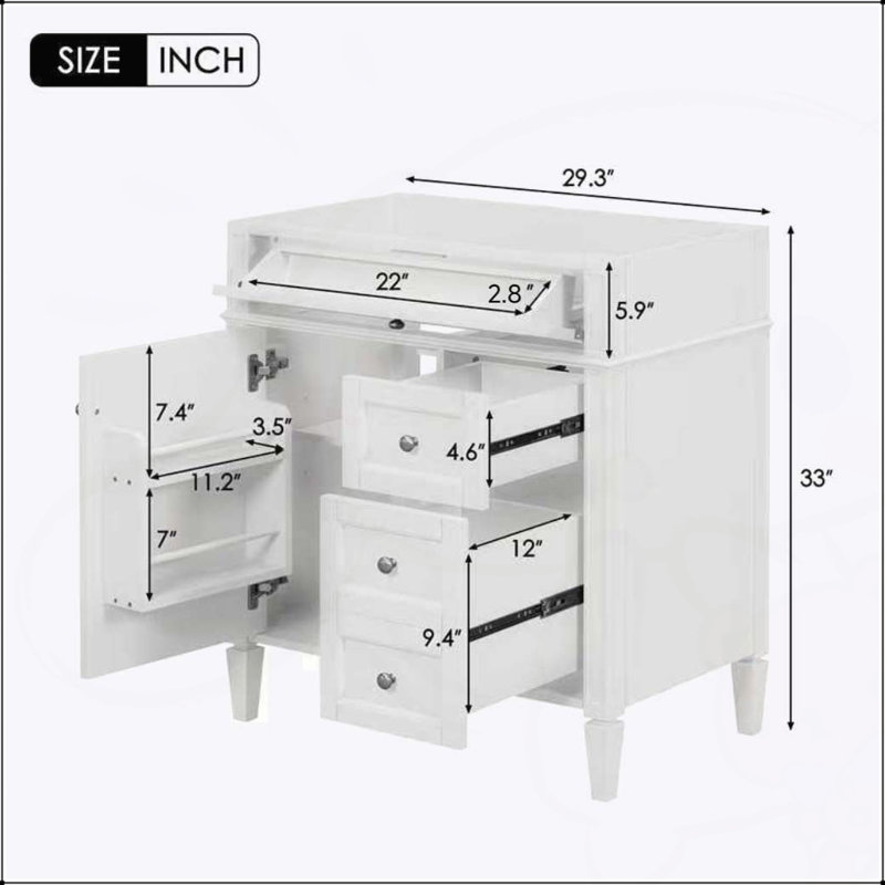 Meuble-lavabo moderne de 30 po avec 2 tiroirs et un tiroir basculant, conception romaine exquise pour un rangement élégant
