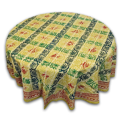 Hand Block Print Cotton Floral Tablecloth 72-in Round Beige Green