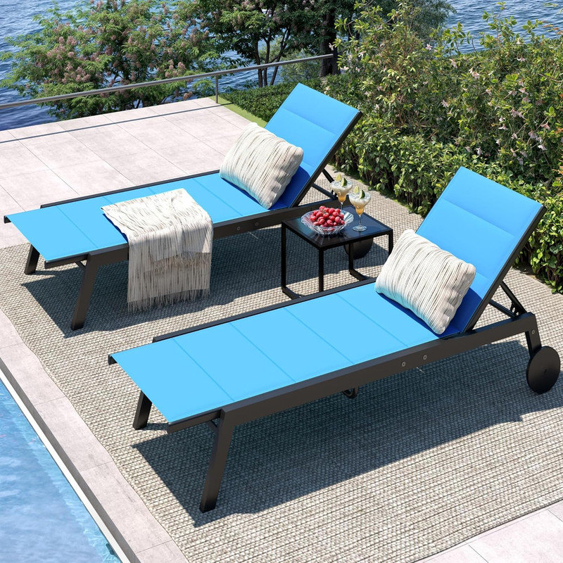 2 Patio Textile Chaise Lounge Chairs with Side Table, Outdoor Chaise Lounge Set, 5-Level Backrest Pool Loungers on Wheel, Sunbathing Chair for Outdoor Pool, Yard, Lawn, Beach, Porch, Garden
