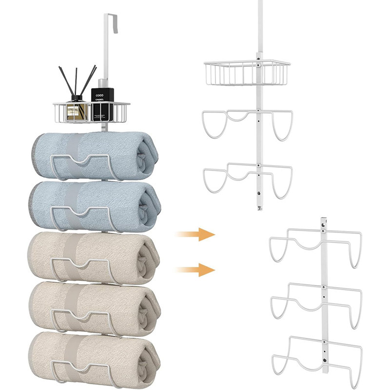X-cosrack 6-Tier Over The Door Towel Rack for Bathroom Adjustable Door Hooks Towel Rack Wall Mounted Metal Towel Holder Rolled Towel Organizer for Bathroom Towel Storage-White