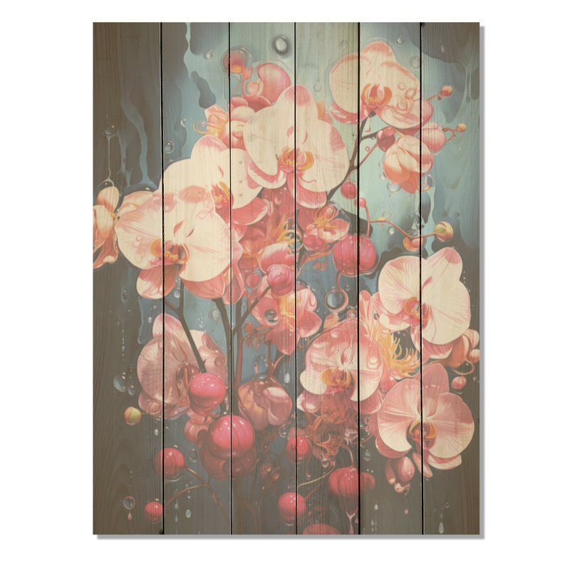 Orchidées roses, orchidées roses, fusion néon - art sur bois de pin naturel, H 20 po x l 10 po