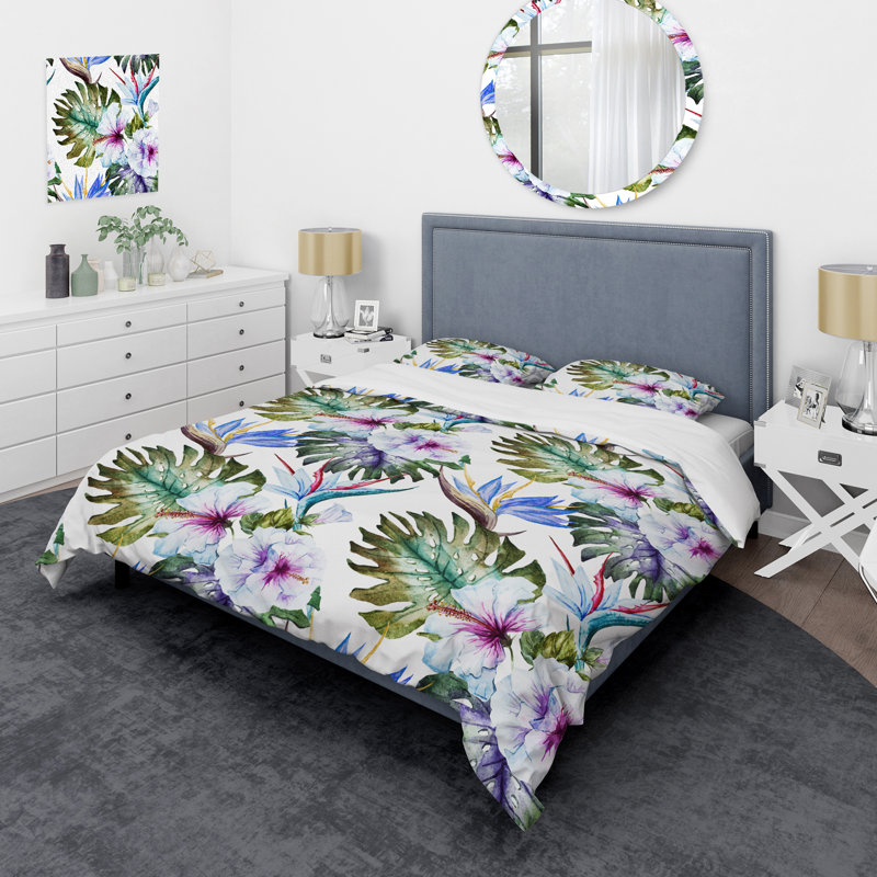 Ensemble de housse de couette Tropical, Housse de couette très grand + 2 taies décoratives, Aquarelle d'hibiscus