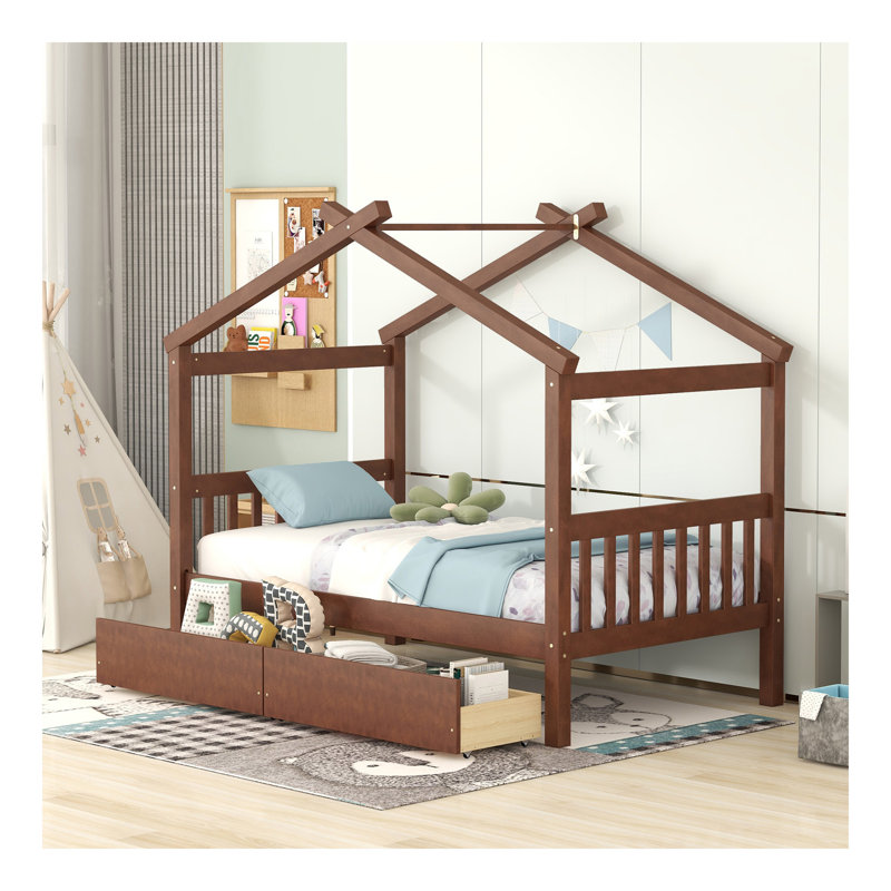 Lit simple en bois avec tiroirs, noyer, Noyer, Lit simple